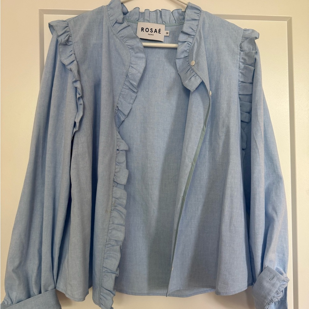 ROSÆ Paris Light Blue Ruffle Trim Button-Front Blouse